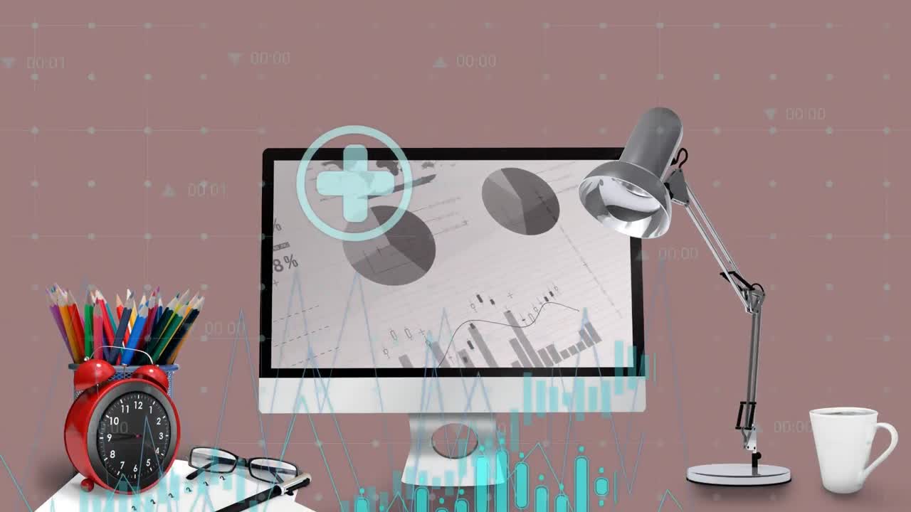animación del procesamiento de datos financieros en una computadora de escritorio