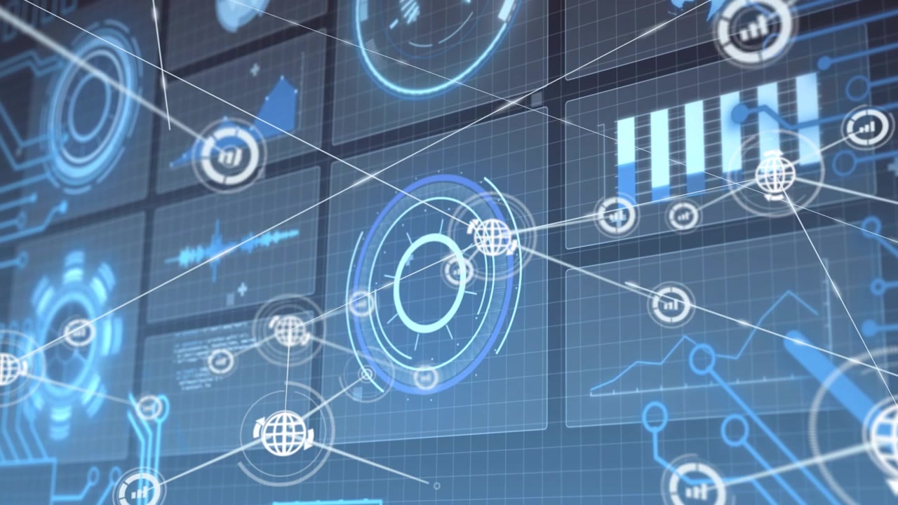 Kerne-HUD roterer, mens feed driver linjer og forbinder globusikoner over diagrammer, der viser analyser.