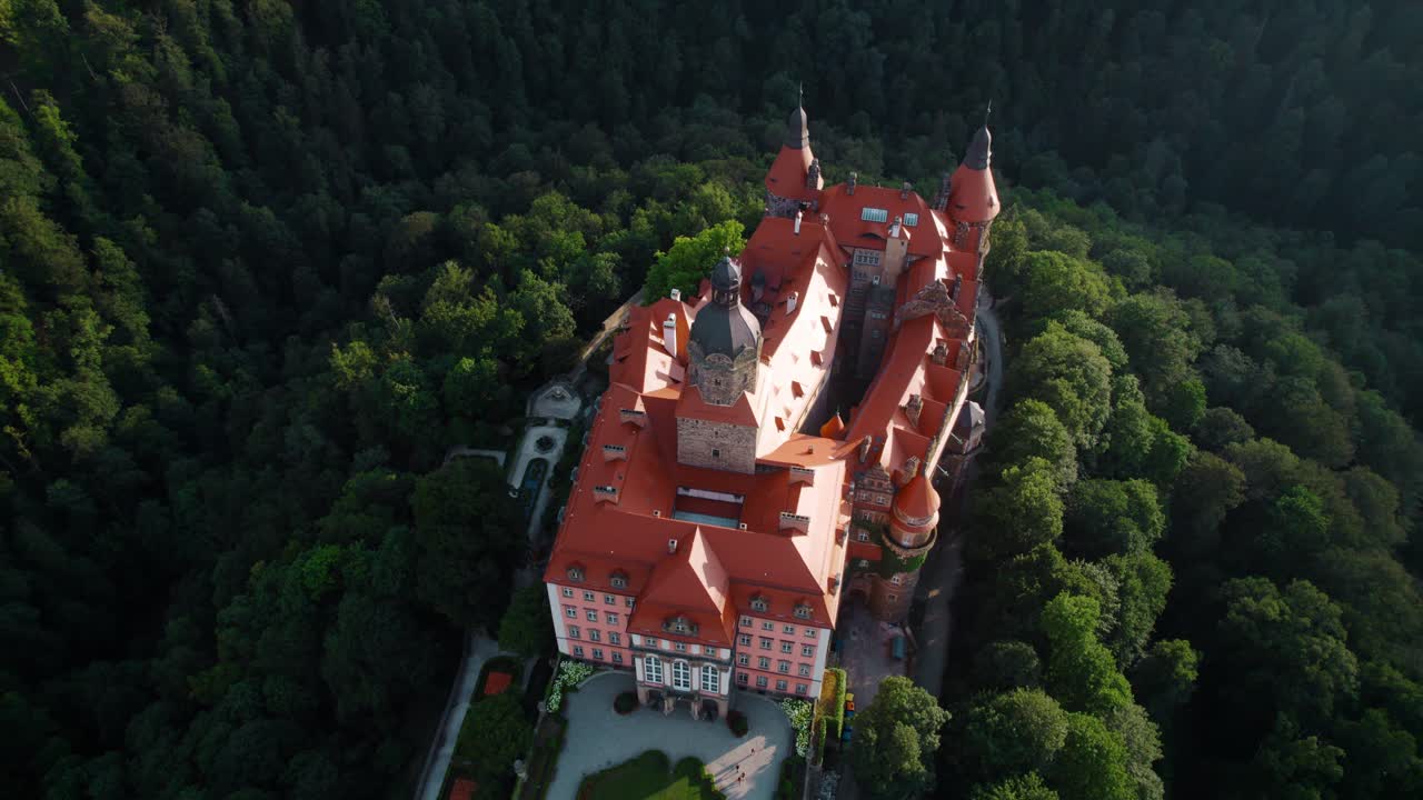 Vista aerea di un castello in una foresta