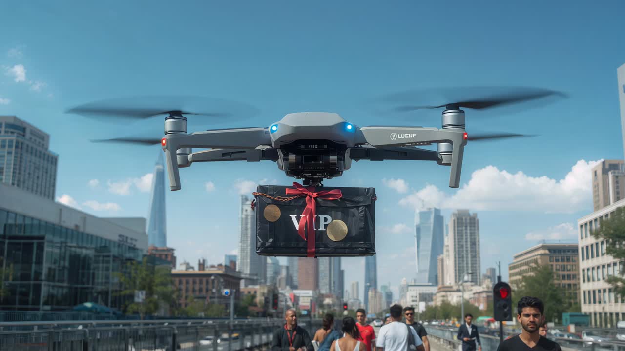 Rotors spinning drone hovering over urban bridge delivering VIP package, casual shirts glancing up