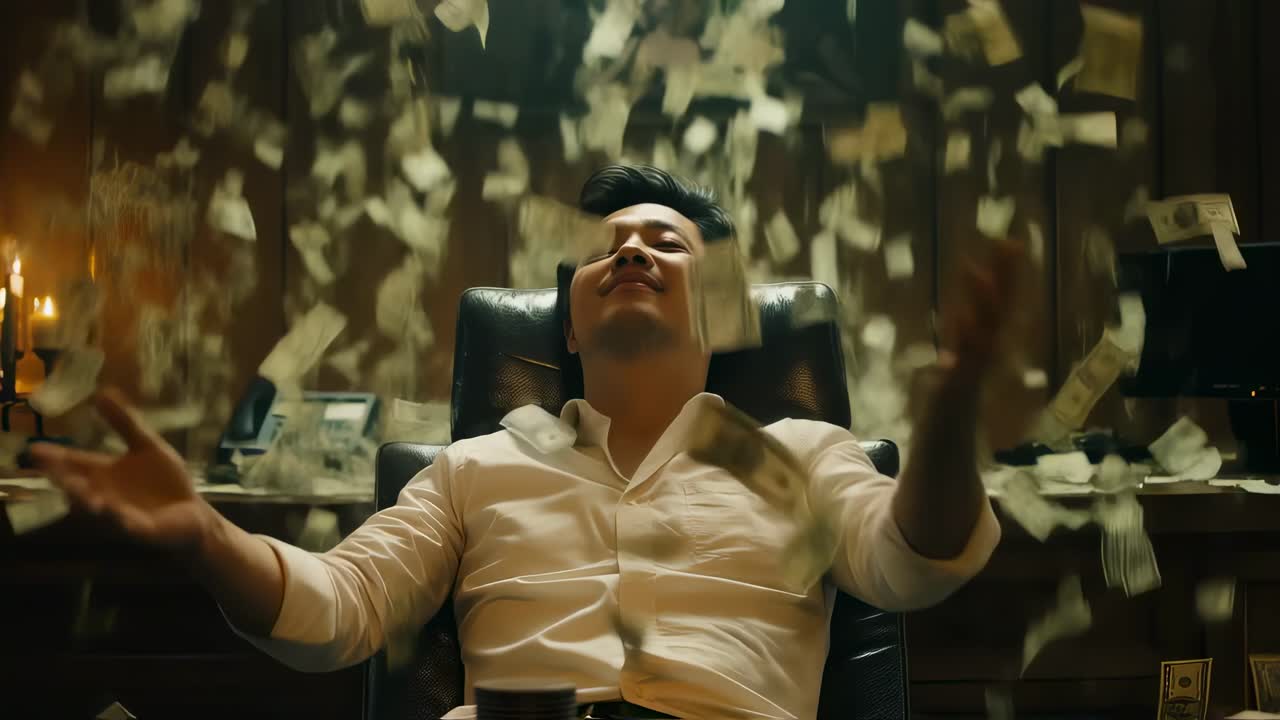 Successful businessman sitting in elegant office, joyfully throwing banknotes skyward, celebrating financial achievement and personal prosperity with unbridled excitement