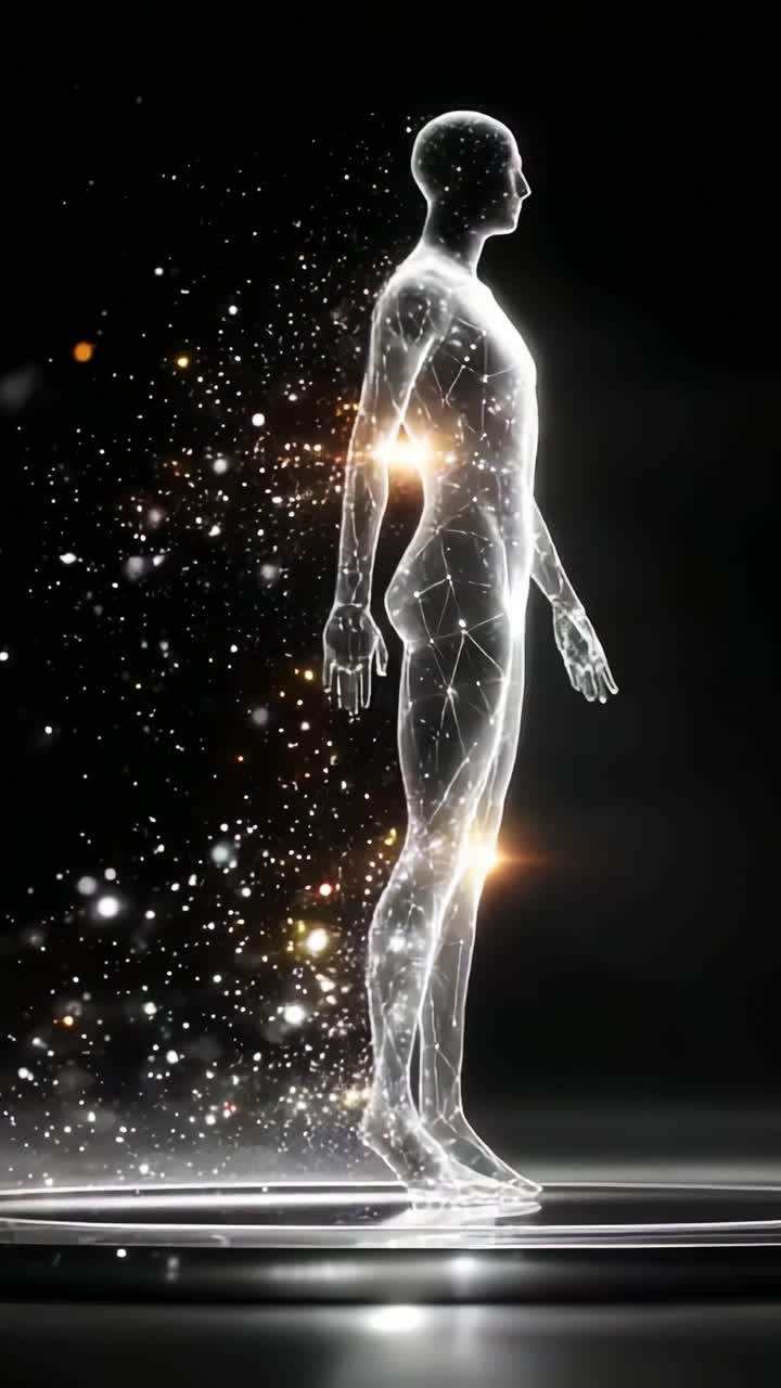 A Transparent Human Figure Bathed in Cosmic Light, Representing a Fusion of Biological and Digital Elements in the Realm of Virtual Reality and Science