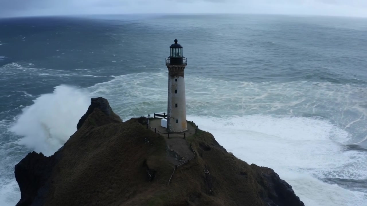 Dramatic Overcast Coastline Lighthouse Overlooking Waves. Weathered Beacon Guiding Mariner Vessels