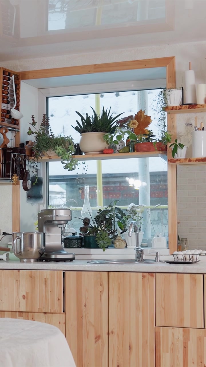 Primo piano di un interno cucina con mobili in legno e piante. Un'impastatrice planetaria si trova accanto al lavello con uova in un vassoio di filo metallico. Le piante includono succulente, piante rampicanti e decorazioni con foglie autunnali.
