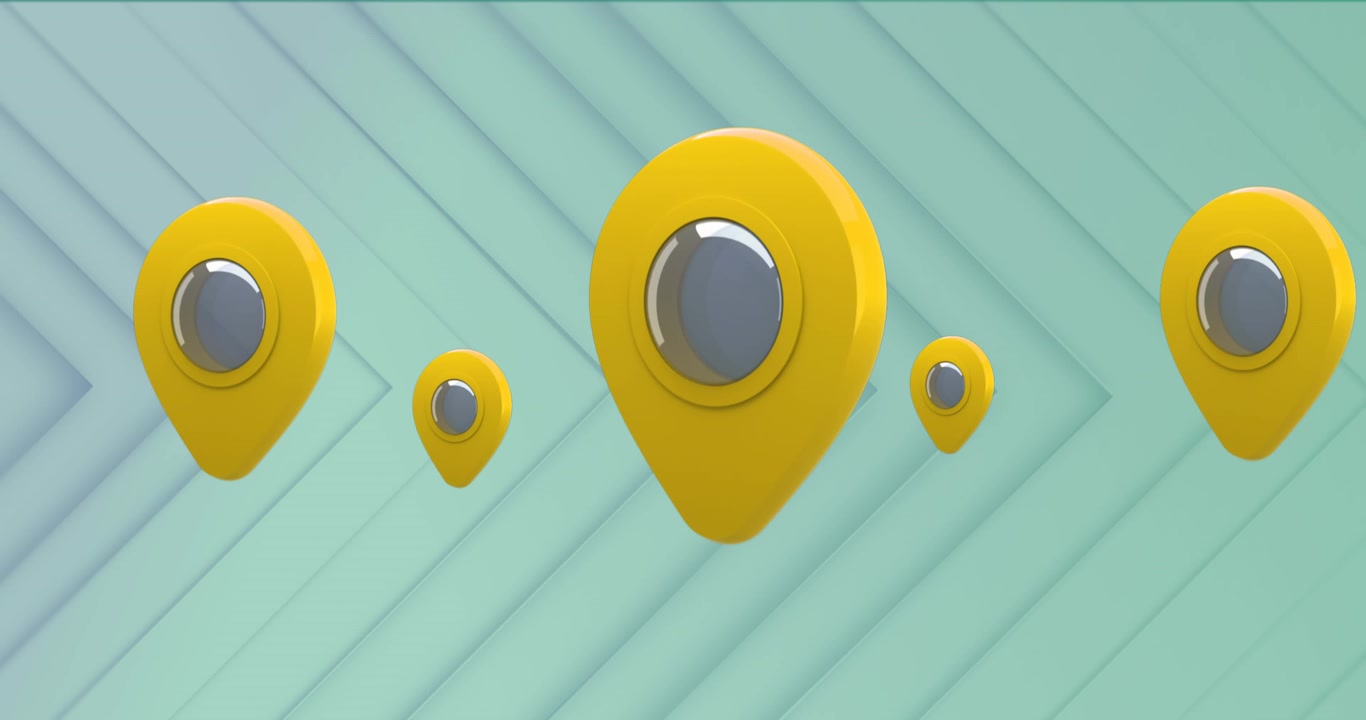 Digital animation of abstract shapes on multiple green background against tall buildings