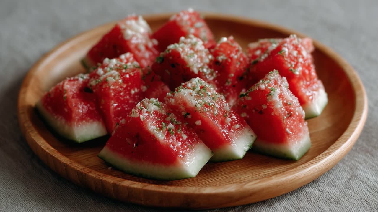 Refreshing and Flavorful Watermelon Cubes Topped with Crunchy Crystals and Herbs on a Wooden Plate: A Perfect Summer Treat for Your Taste Buds