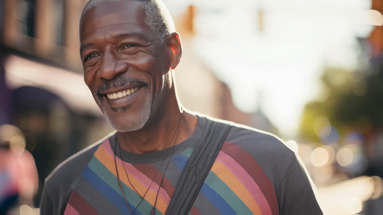 Portrait of a cheerful mature man with a big smile enjoying a sunny day in the city, wearing colorful clothes and carrying a bag, embodying vitality and happiness