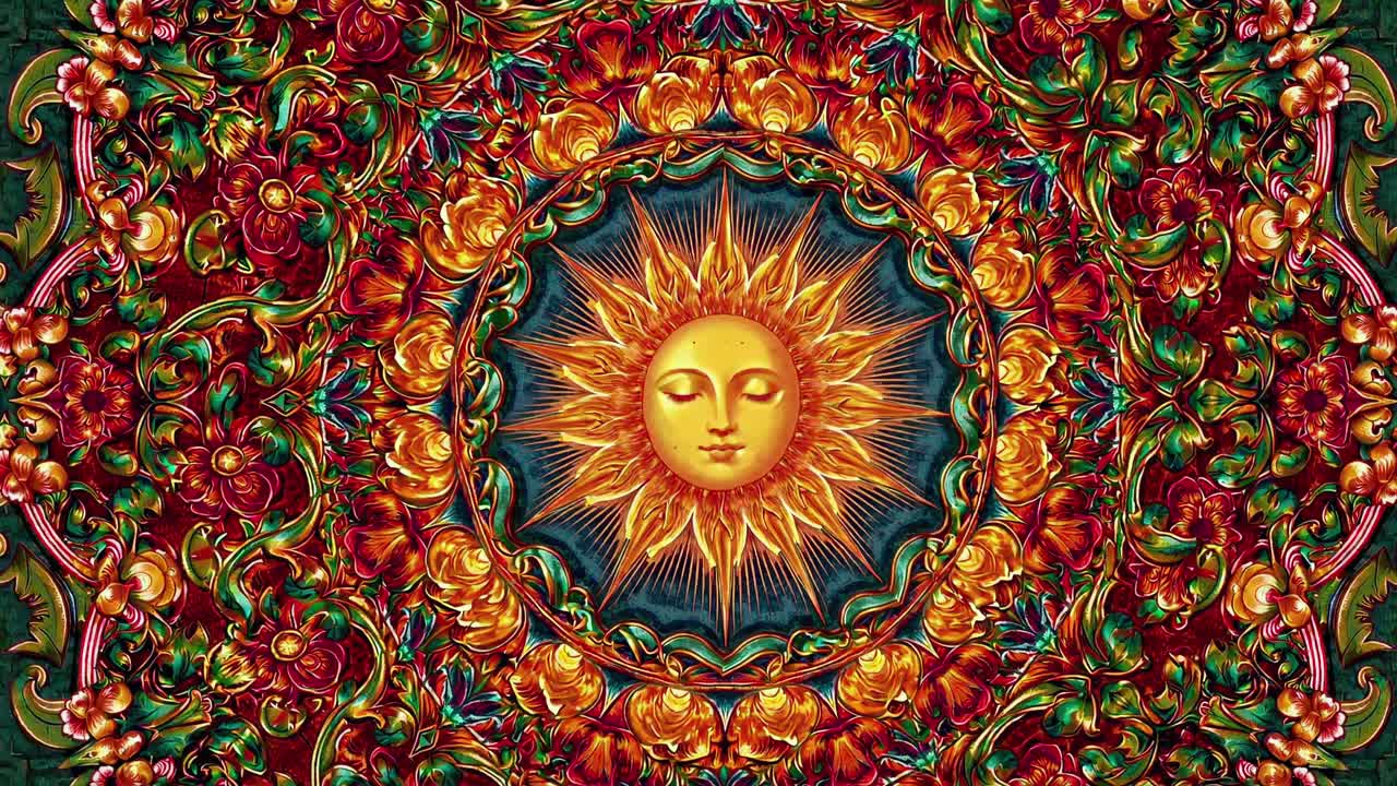 Un motivo solare vibrante e simmetrico con motivi floreali in stile caleidoscopico