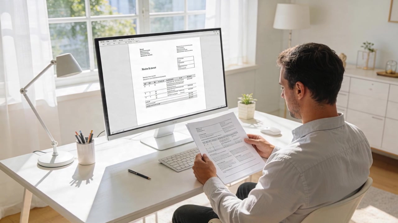 Seorang pria berkemeja kerah memegang halaman cetak, membandingkannya dengan monitor di kantor rumah, dengan ruang kosong untuk teks.