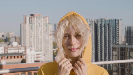 close up view of blonde woman on a terrace