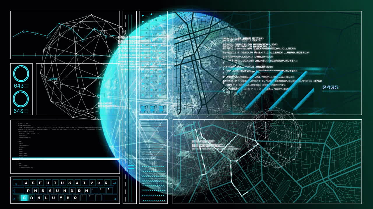 Animation of network of connections and data processing over globe