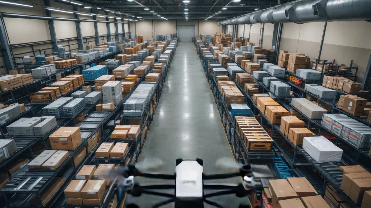 A drone flying and inspecting inventory in a large warehouse