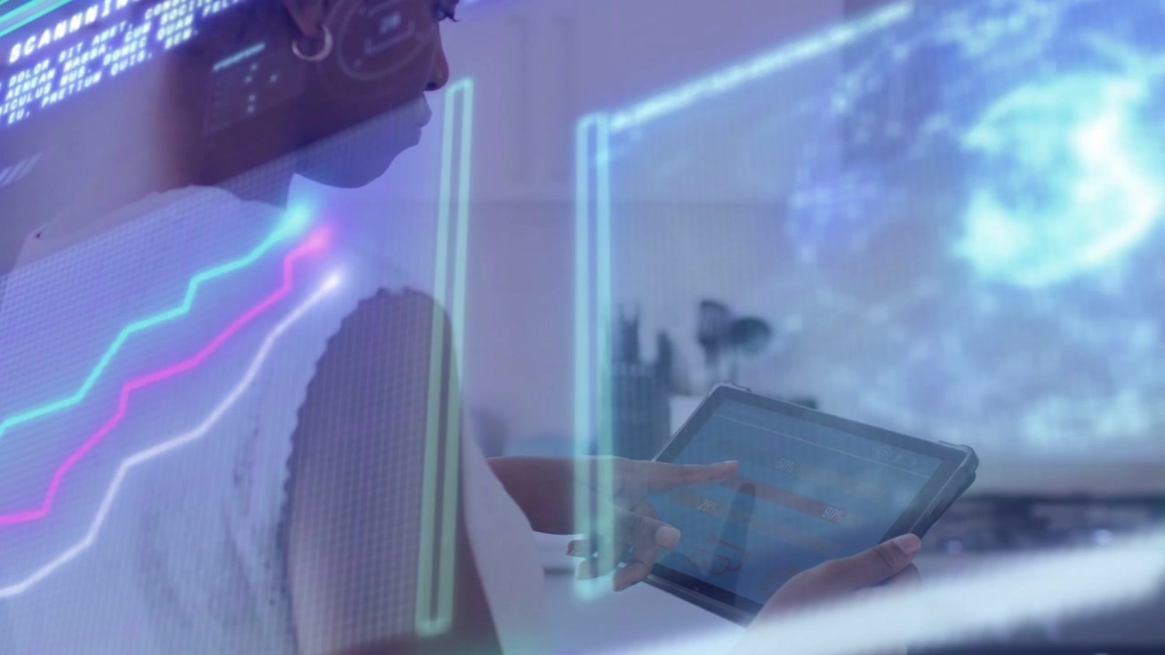 Adult woman pointing tablet, tapping and swiping, activating holographic charts for tech reviewing
