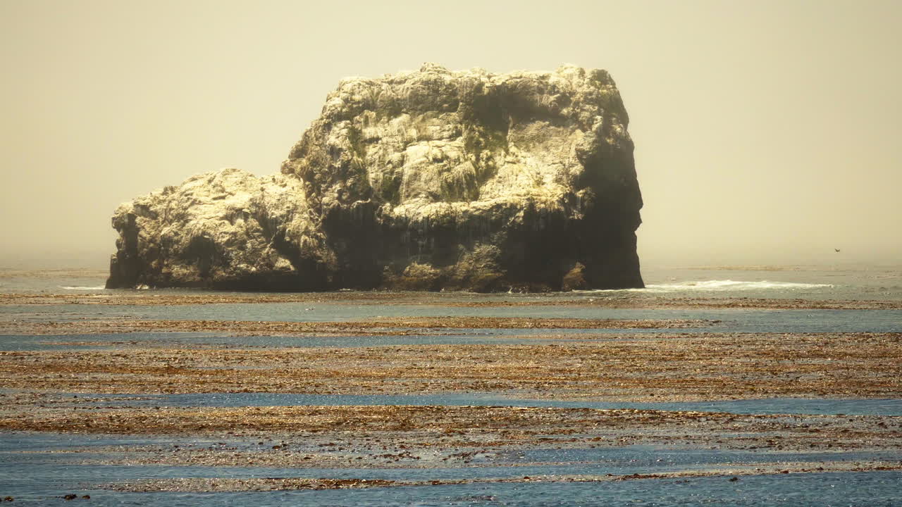 다시마 침대가 전경 물에 떠있는 동안 바위 섬 형성의 바닥 주위에 부서지는 파도