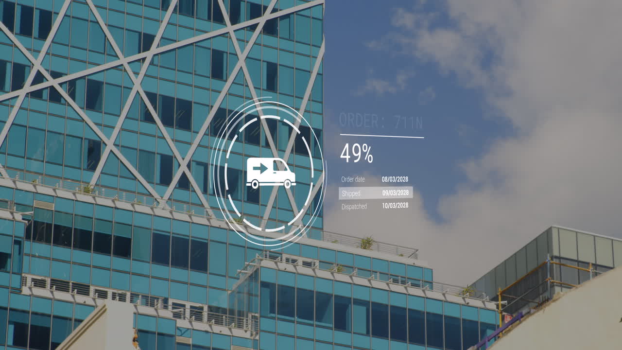 현대적인 사무실 건물 위에 데이터 처리를 가진 아이콘의 애니메이션