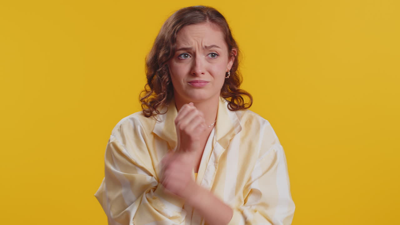 Nervous woman terrified about danger problems suffering phobia anxiety disorder expresses fear