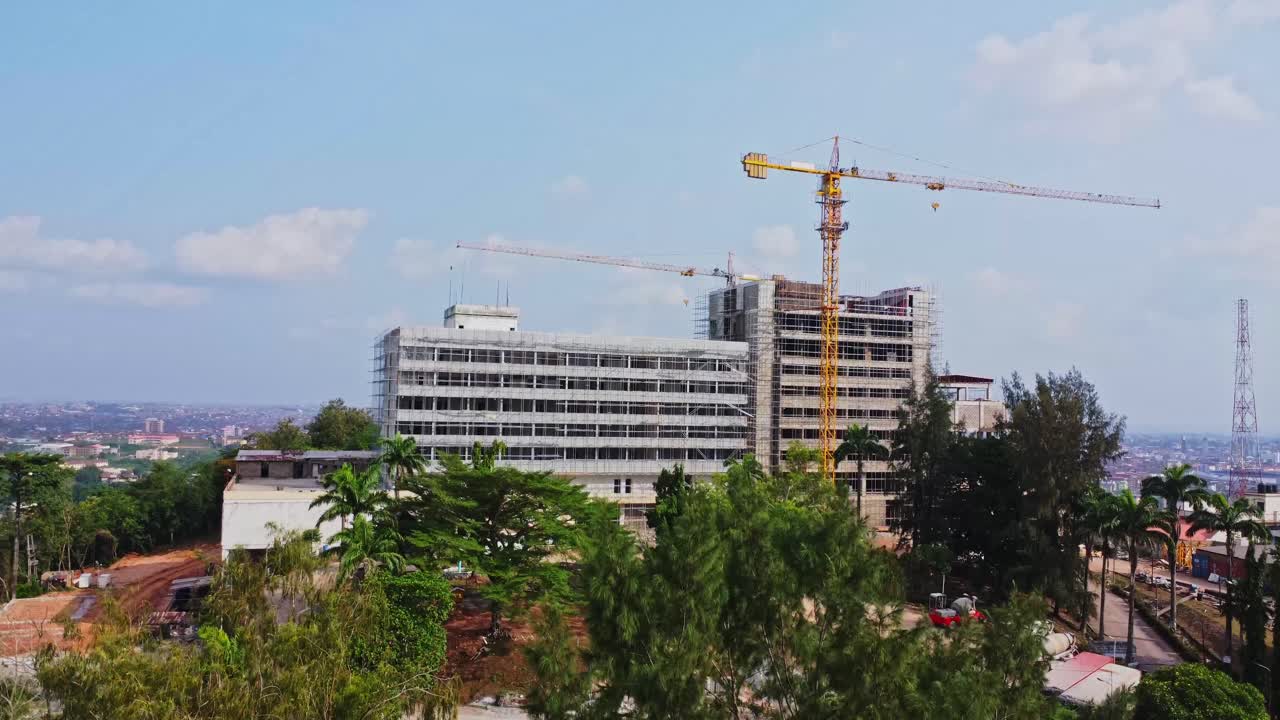 Jib up of the beautiful Premier hotel under renovation on a sunny day in Ibadan, Nigeria