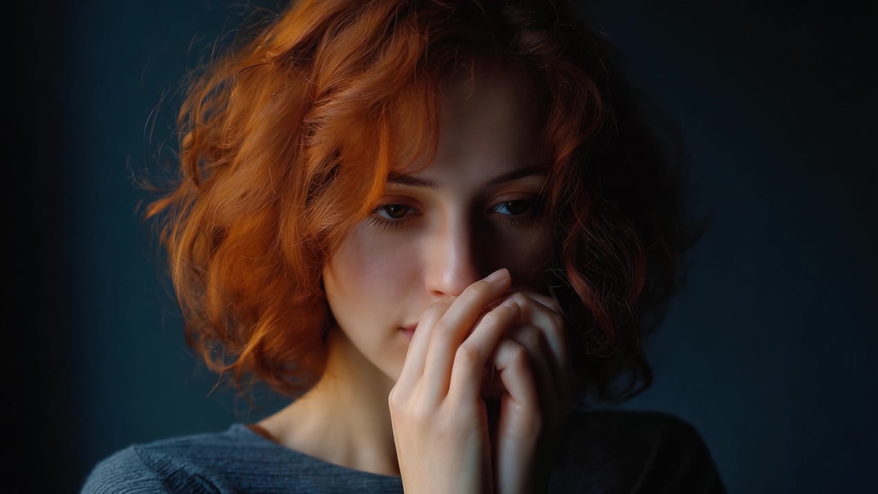 A Pensive Young Woman with Curly Red Hair Lost in Thought, Emphasizing Emotion and Reflection in Soft Natural Light, Captured in Two Unique Frames.
