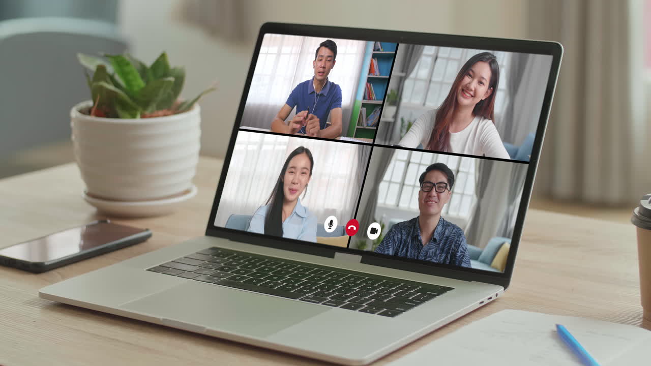 Computer With Group Video Call Share Ideas Brainstorming Negotiating Use Video Conference, Pc Screen View Four Multi Asian Young People