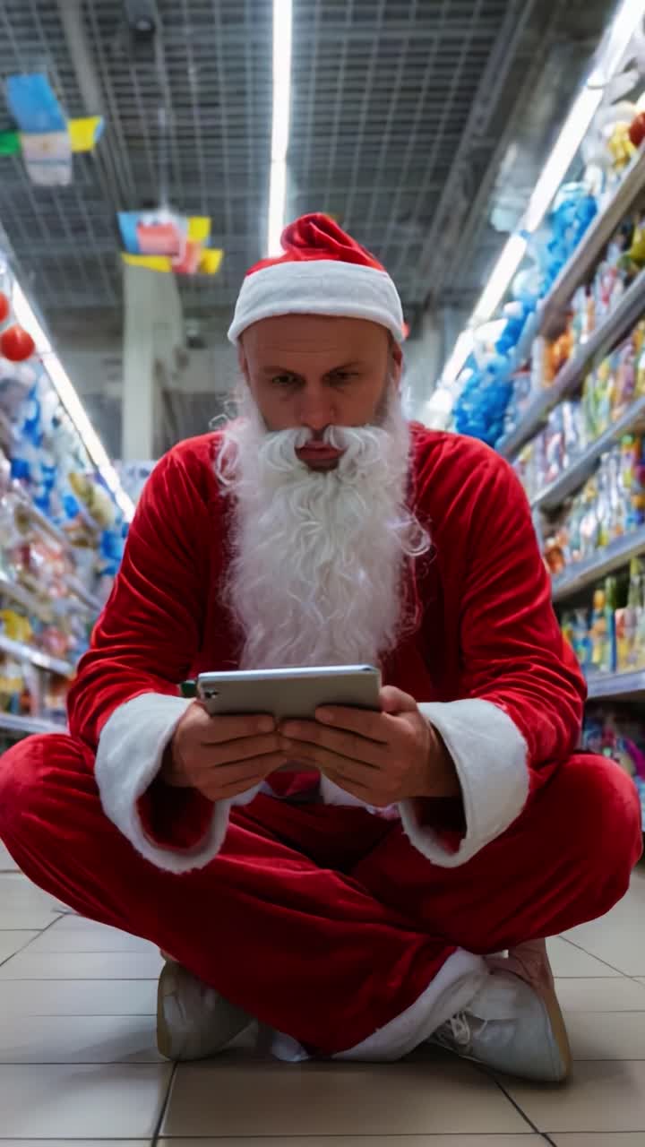 A Festive Santa Claus Sitting in a Store Aisle, Engrossed in Using a Tablet Device, Surrounded by Colorful Toys and Products, Capturing the Spirit of Christmas with Modern Technology and Holiday Cheer