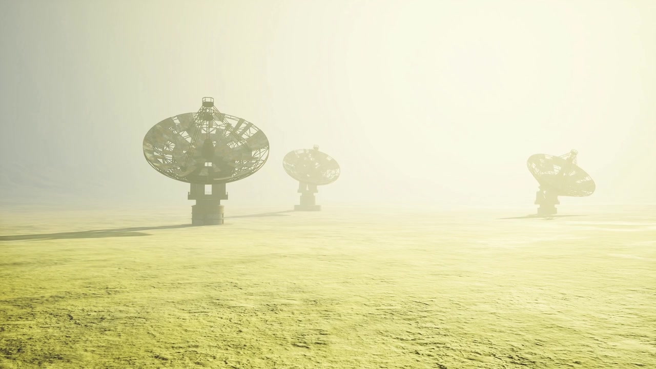Bright sunlight illuminates field as distant dishes command attention