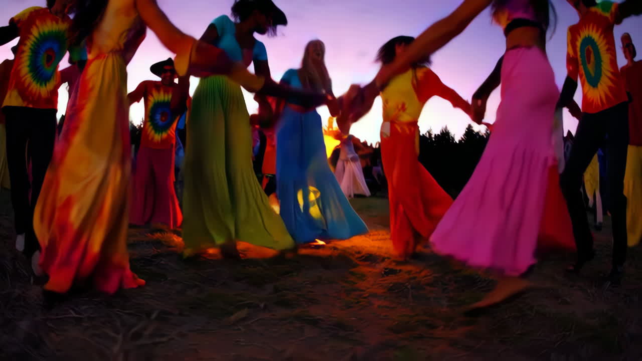 Circle Dance Around Campfire at Sunset