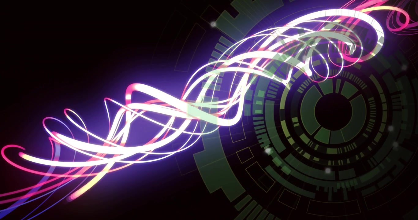 Intertwining colorful light trails over animation of futuristic digital interface patterns