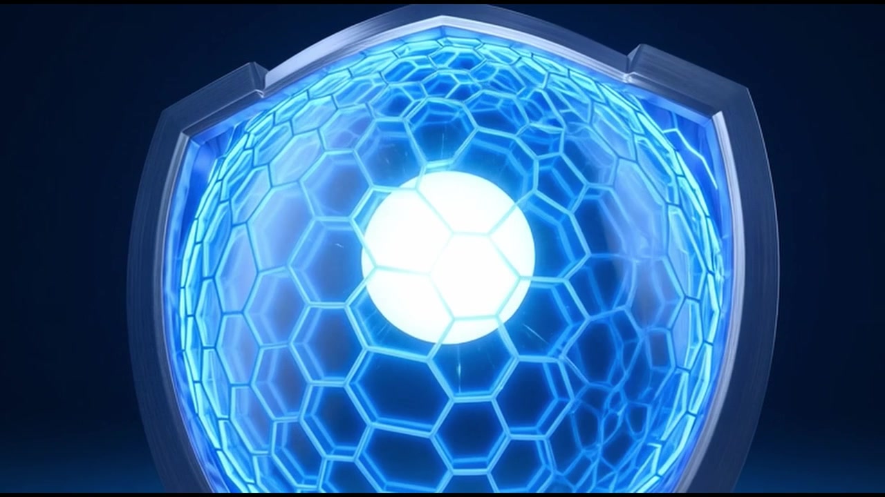 Technological Shield with Pulsating Blue Hexagonal Grid and White Sphere