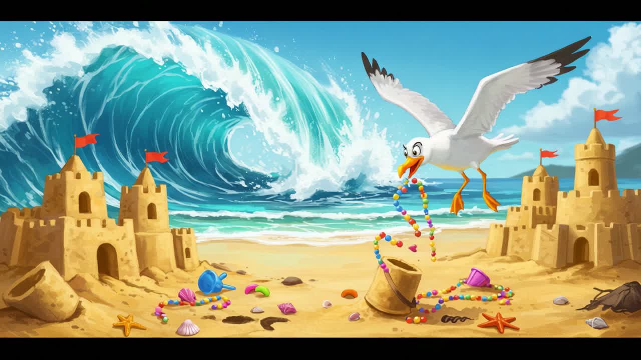 Uma Gaivota Brincalhona Voa Sobre Castelos de Areia Vibrantes em Meio a uma Onda Oceânica Dramática, Capturando a Essência de uma Cena de Praia Animada com Tesouros Coloridos e Conchas