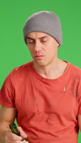 Unemployed man drinking alcohol on green screen background