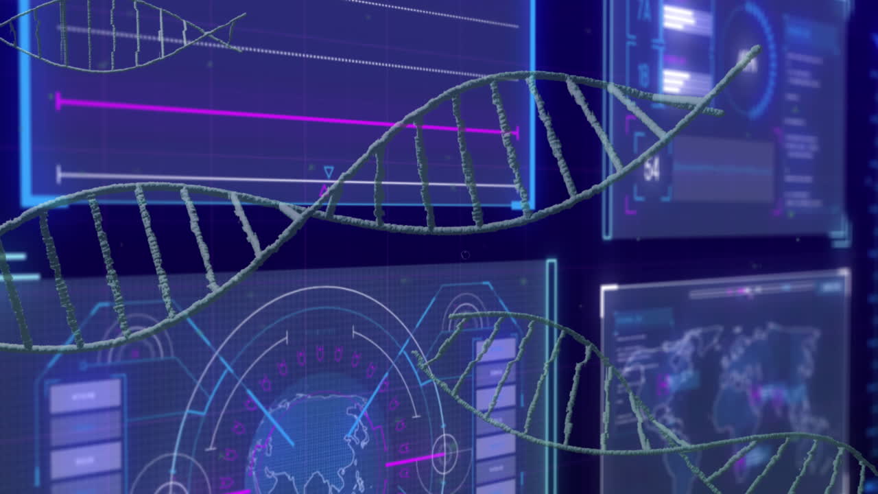 animación de cadenas de adn sobre el procesamiento de datos en fondo negro