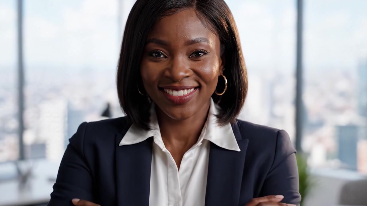 Confident Professional Smiling in Modern Office Setting, Showcasing Empowerment and Positivity While Ready to Engage and Inspire Colleagues