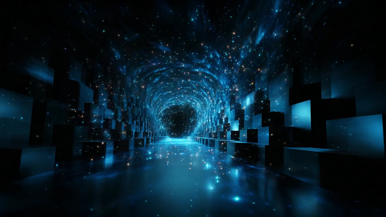 A mesmerizing visual journey through an ethereal tunnel filled with glowing stars and cosmic elements, inviting viewers to explore the depths of a futuristic, vibrant universe beyond their imagination