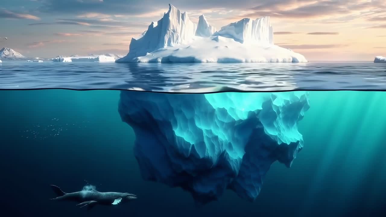 Concetto video mozzafiato di un iceberg sopra e sotto l'acqua, catturato da un'angolazione laterale.