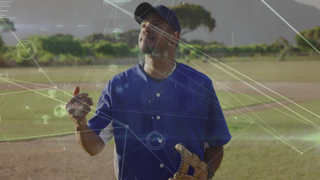 In school, baseball player in blue uniform studying animation overlay on field