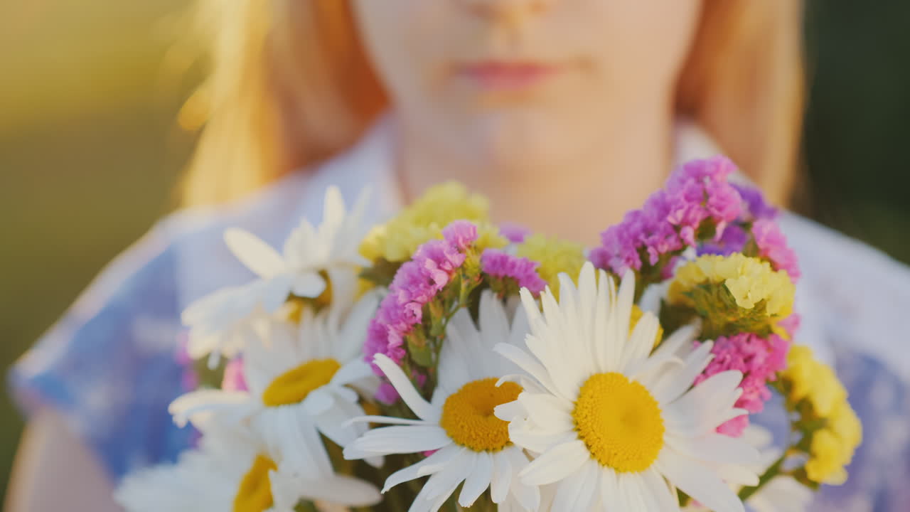 chica rubia sostiene un ramo de flores en un prado al atardecer