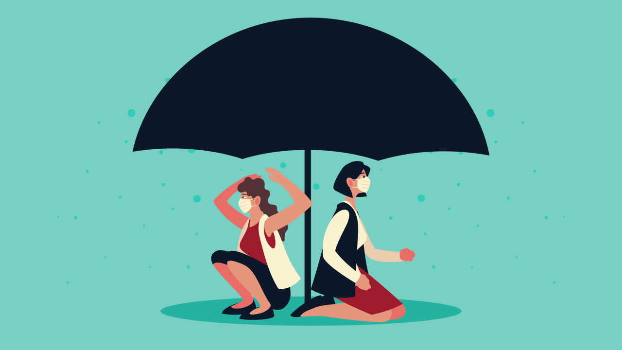 우산과 함께 의료 마스크를 착용하는 비즈니스 여성