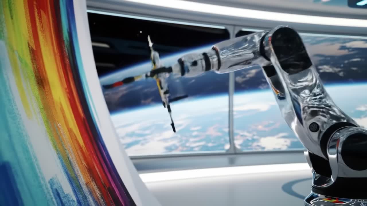 Un braccio robotico futuristico che opera in un ambiente ad alta tecnologia, catturando l'essenza dello spazio e dell'innovazione in una visualizzazione dinamica.