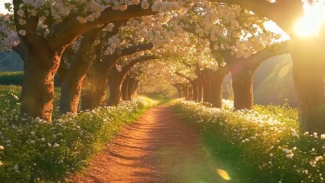 a dirt road lined with trees covered in white flowers