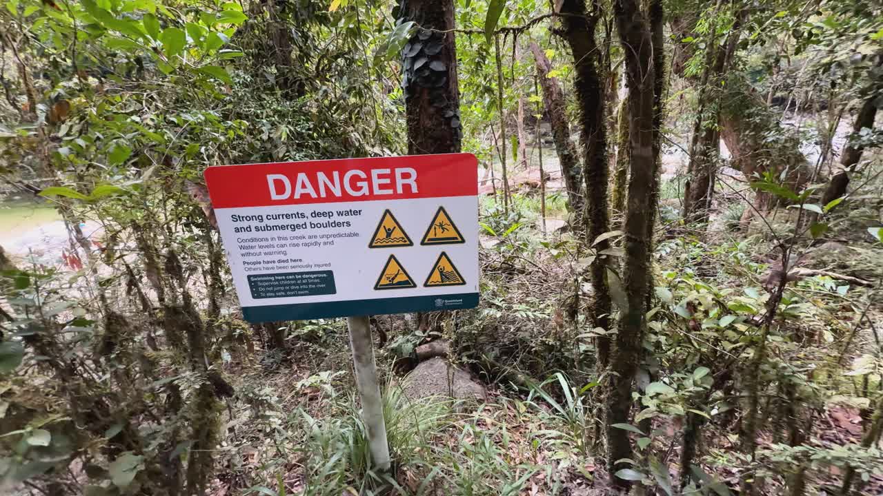A warning sign amidst dense rainforest vegetation in Port Douglas, Australia, highlighting potential hazards in the natural environment