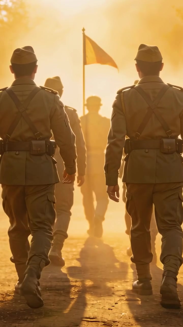 Vertical video: Marching khaki soldiers on command for drill, moving across dusty field toward flag