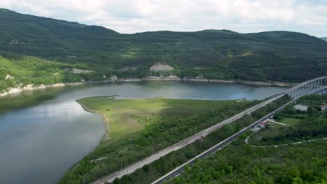 aerial pan view over tsonevo reservoir in varna region, bulgaria