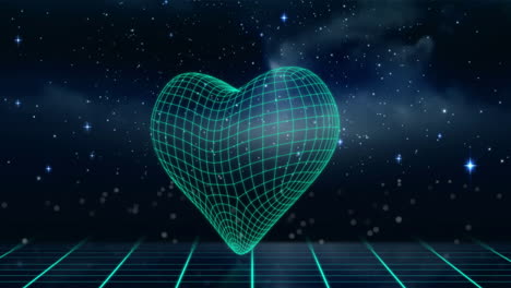animation of glowing wireframe heart floating in starry night sky with grid pattern