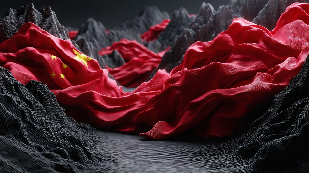 A Stunning Visualization of Flowing Red Fabric Resembling Mountainous Terrain, Symbolizing Strength and Unity with Bold Colors and Textures That Create a Dramatic Landscape