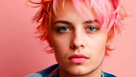 a young man with pink hair wearing a denim jacket