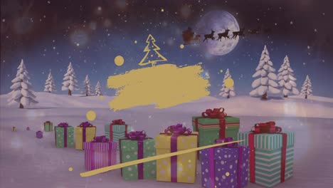 animación de puntos de luz sobre regalos y santa claus con renos en el paisaje de invierno.