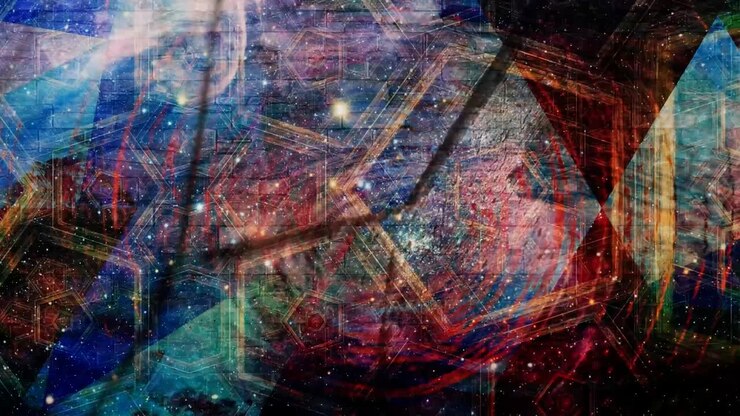 Piastrelle pentagonali fluenti e stelle nascenti in un universo psichedelico - Animazione di sfondo in loop continuo 4K