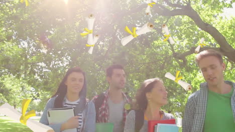 multiple diploma icons falling against group of students walking in park