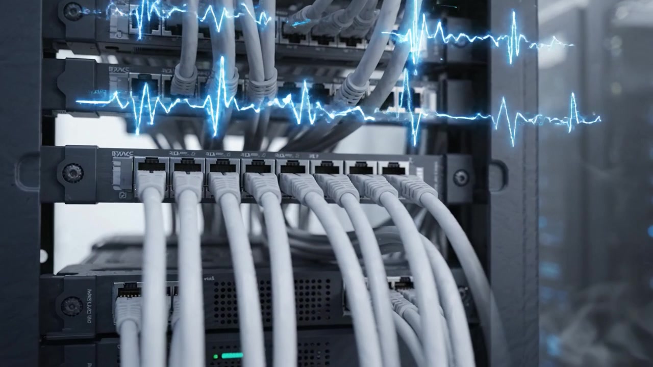 Advanced Data Center Operations Showcasing High-Tech Server Rack with Intricate Cabling and Digital Signal Waveforms for Optimal Network Performance Monitoring