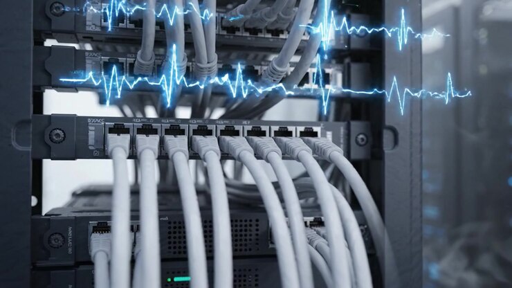 Advanced Data Center Operations Showcasing High-Tech Server Rack with Intricate Cabling and Digital Signal Waveforms for Optimal Network Performance Monitoring